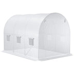 White polytunnel greenhouse cover with roll-up door opening and side window flaps