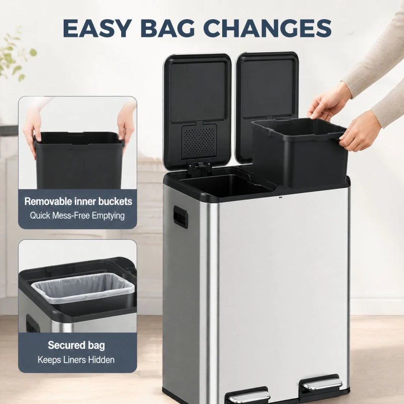 Stainless steel double kitchen bin with two removable inner buckets and foot pedals