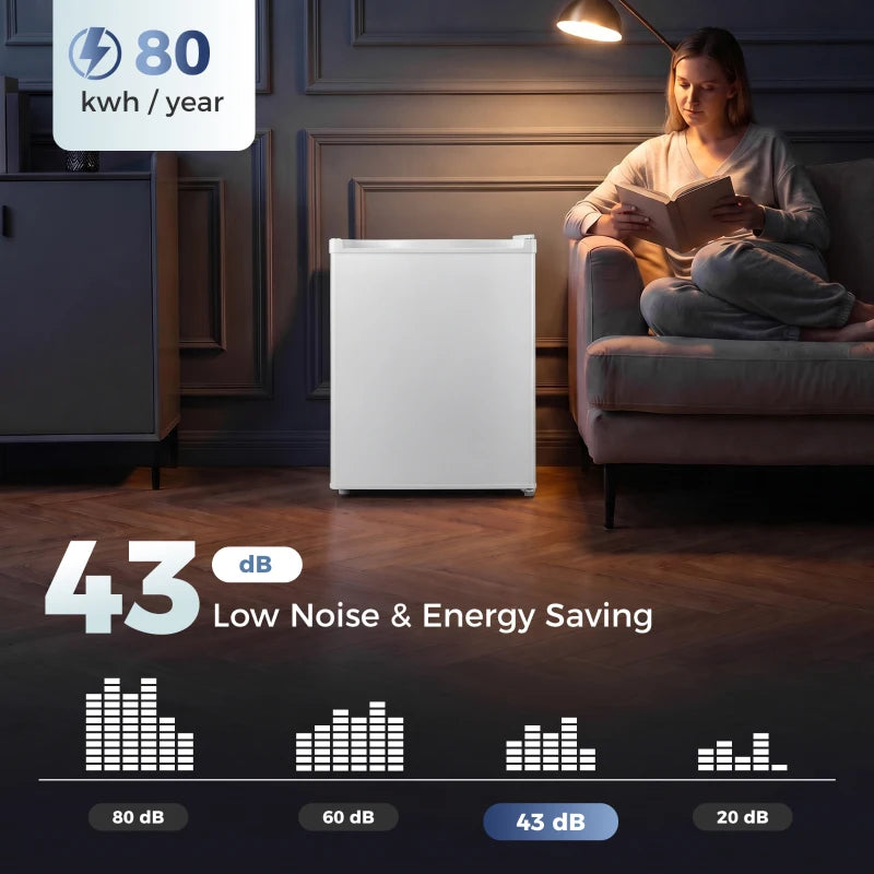 White compact mini fridge featuring low noise and energy-saving indicators