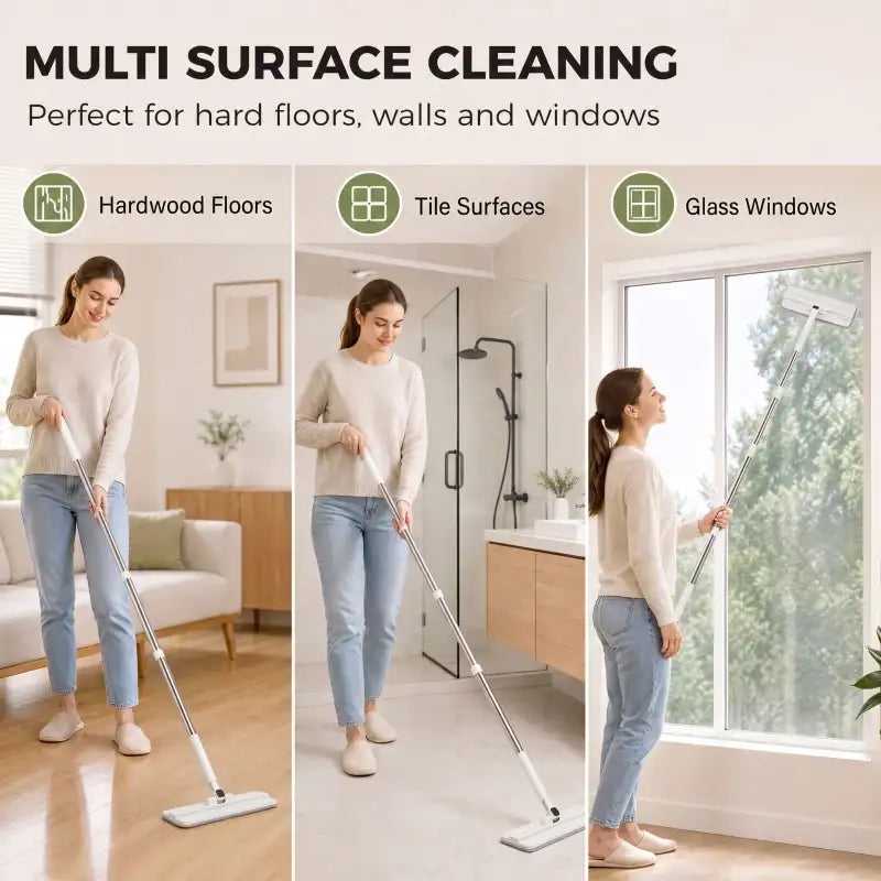 Flat mop sweeping across hardwood floor, tile, and glass-cleaning use