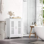 White bathroom floor cabinet with slatted doors and two center handles.