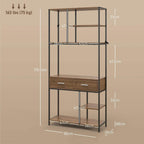 Industrial display shelf with drawers, brown wood top and shelves, black metal side frame view.