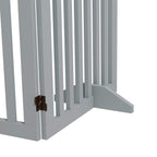 Grey wooden pet gate support foot with vertical bars and brown hinge detail