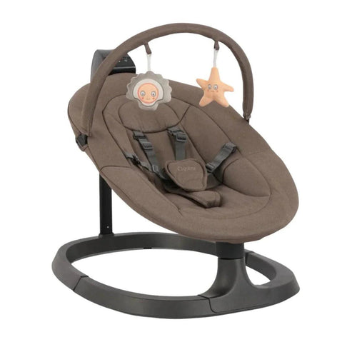Mink baby rocker with plush seat, 5-point harness, and hanging sea-themed toys