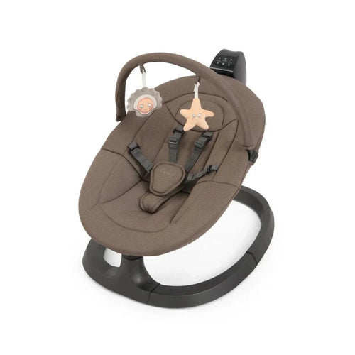 Mink baby rocker with plush seat, hanging toy bar, and 5-point harness