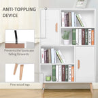 White bookcase with two doors, open shelves, wooden handles, and pine-style legs