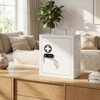 White medicine cabinet front view with cross icon and key lock handle