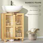 Natural wood bathroom cabinet with louvered doors and wear- and moisture-resistant frame