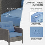 Outdoor rattan sofa cushion in blue with thick padded seat and removable cover detail