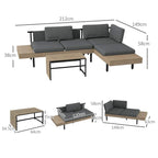 Grey L-shaped outdoor sofa set with four back cushions and extended chaise