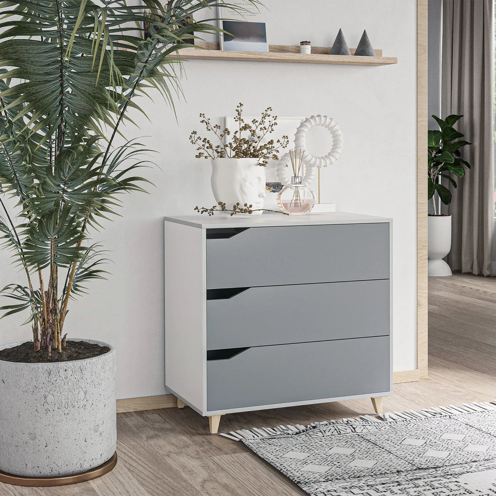 Drawer Chest, 3-Drawer Storage Cabinet Unit with Pine Wood Legs for Bedroom, Living Room, 75cmx42cmx75cm, Grey - Bobobiy