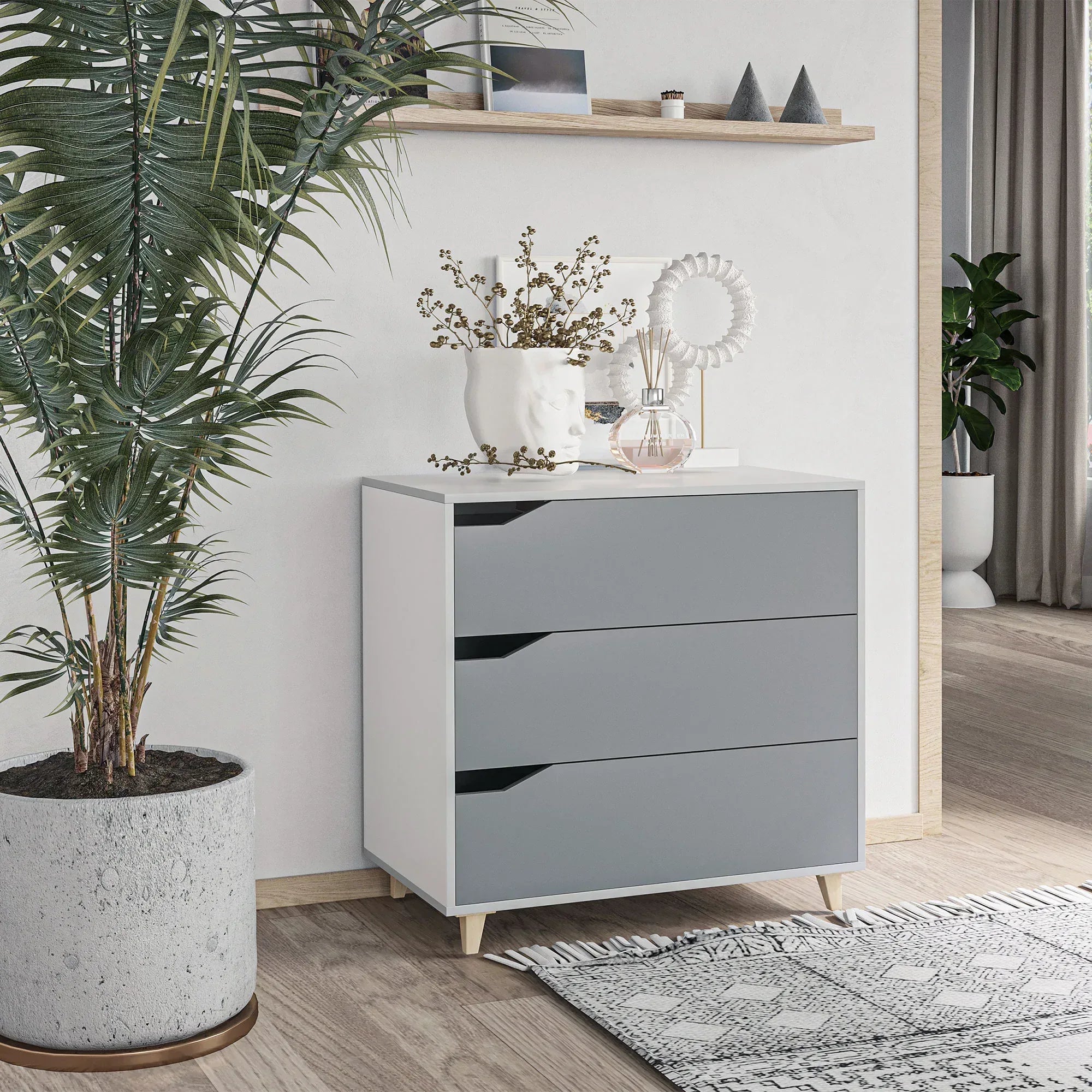 Drawer Chest, 3-Drawer Storage Cabinet Unit with Pine Wood Legs for Bedroom, Living Room, 75cmx42cmx75cm, Grey - Bobobiy