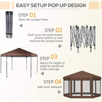 Brown hexagonal pop-up gazebo setup diagram with mesh sidewalls and frame poles
