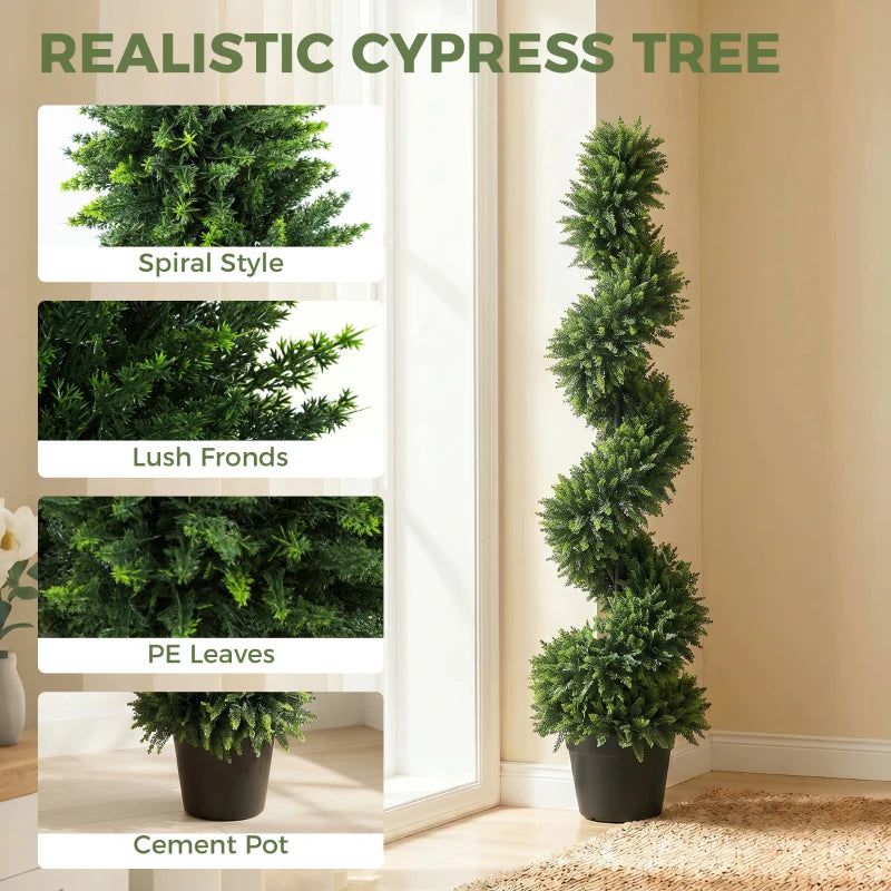 Deep green spiral artificial cypress tree in black pot with dense foliage