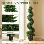 Deep green spiral artificial cypress tree in black pot with dense foliage