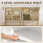 White cupboard with 3-level adjustable shelf, open doors showing storage spaces