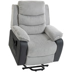 Light grey corduroy power lift recliner chair with high back and padded wide seat