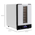 White 11-tray food dehydrator with front window and black control panel, size view