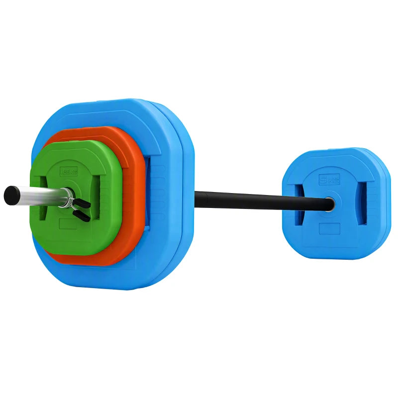 Multicolour barbell with blue end plates, black bar, and green/orange weight plates