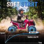 Pink electric kids quad bike with front lights, chunky tires, and four-wheel suspension