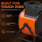 Orange and black industrial fan heater with sturdy steel housing and glowing fan grill