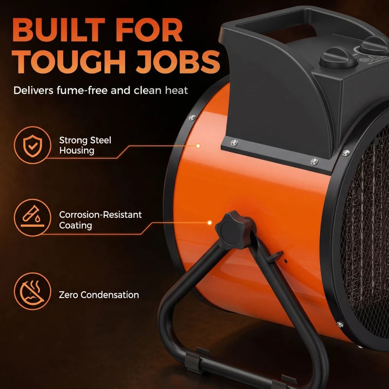 Orange and black industrial fan heater with sturdy steel housing and glowing fan grill