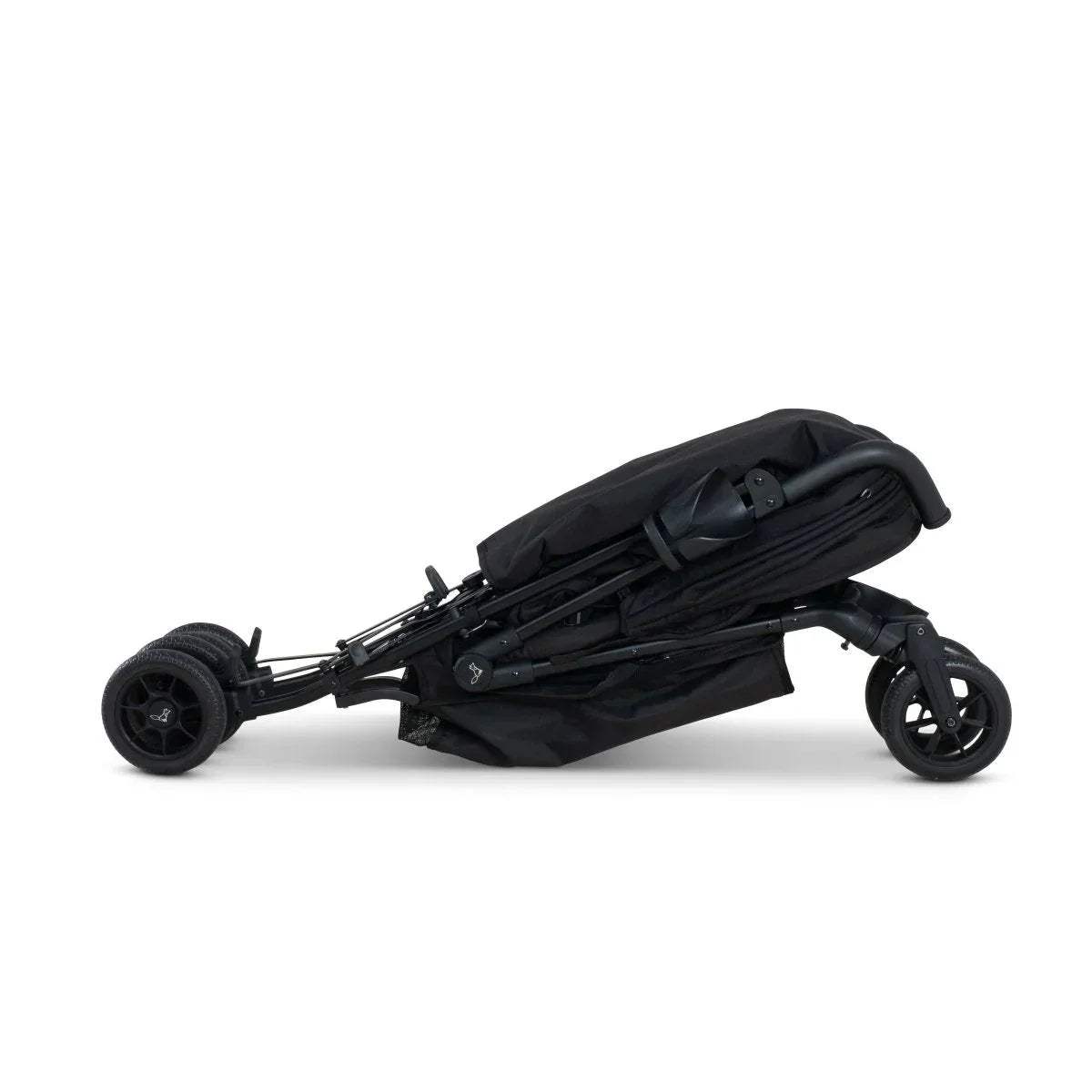 Lightweight stroller with black fabric body and canopy, side profile view