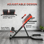 Adjustable Roman chair bench with padded cushions, foam roller, and armrest