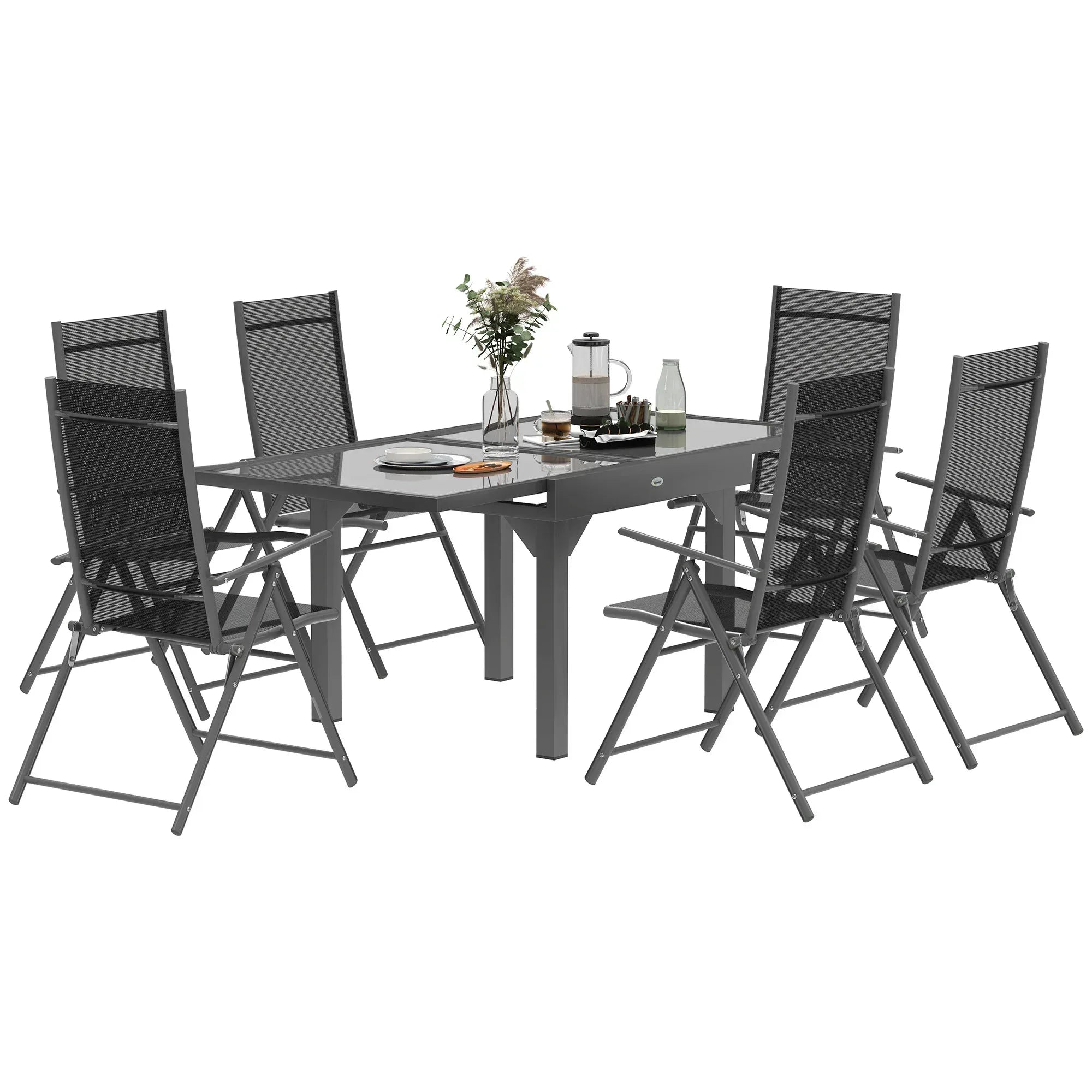 7 Piece Outdoor Dining Set with Extendable Table and 6 Folding Chairs for Patio, Balcony, Deck, Grey - Bobobiy