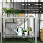 2-tier silver plant stand with steel frame and mesh shelves