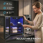 Black tabletop wine cooler with adjustable racks and removable rack setup, blue-lit interior.