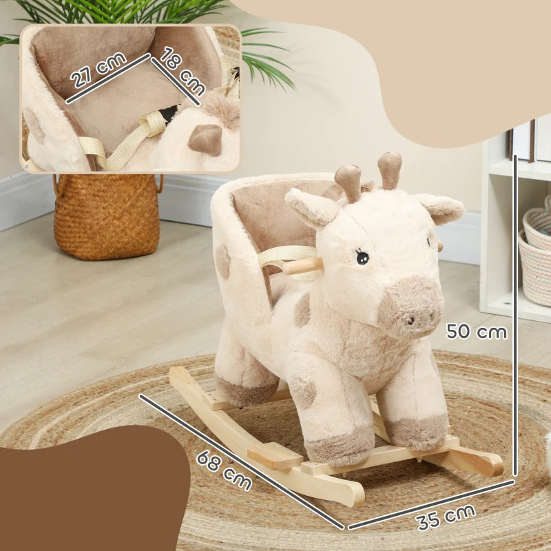 Plush beige giraffe ride-on rocker with front grip handle and curved runners