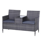 Grey 2-seater PE rattan outdoor garden bench set with center table and cushions