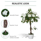 Artificial white rose floral plant with brown trunk and green leaves in white pot