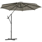 Outdoor cantilever parasol with grey geometric canopy, black pole, and base