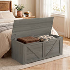 Dark grey wood-effect storage box with open lid and safety hinges, bedding inside