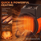 Orange and black electric ceramic fan heater with glowing grille and protective front cover