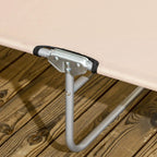Beige fabric sun lounger strap with gray metal frame corner and hinge detail