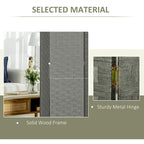 Grey room divider with solid wood frame and metal hinge detail; woven panels