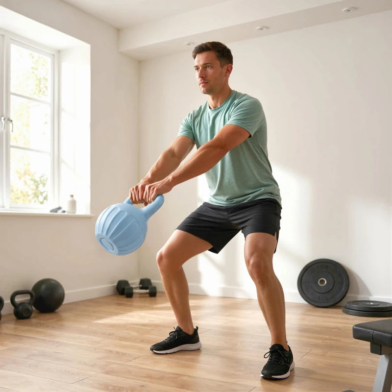 Blue 6 kg kettlebell held in a lunge exercise grip