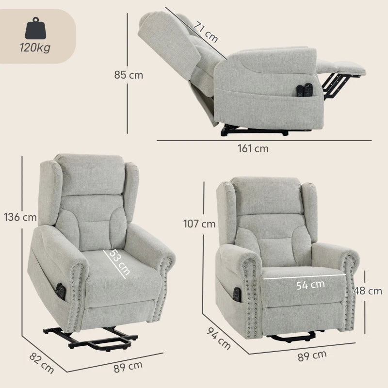 Light grey electric power lift recliner chair with size outline.