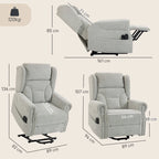 Light grey electric power lift recliner chair with size outline.