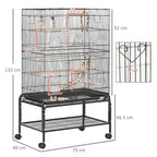 Black wire bird cage with stand, two-tier base and size measurement labels