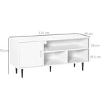 White TV stand cabinet with one door and multiple open storage cubbies on legs
