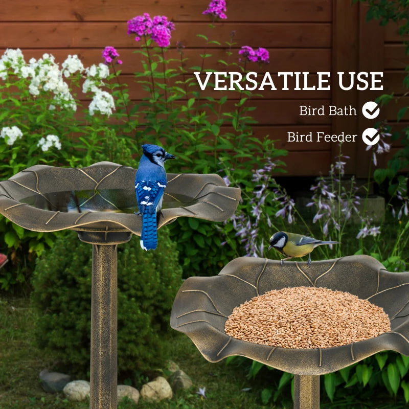 Bronze-tone standing bird bath with lotus leaf basin and small blue birds
