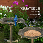 Bronze-tone standing bird bath with lotus leaf basin and small blue birds