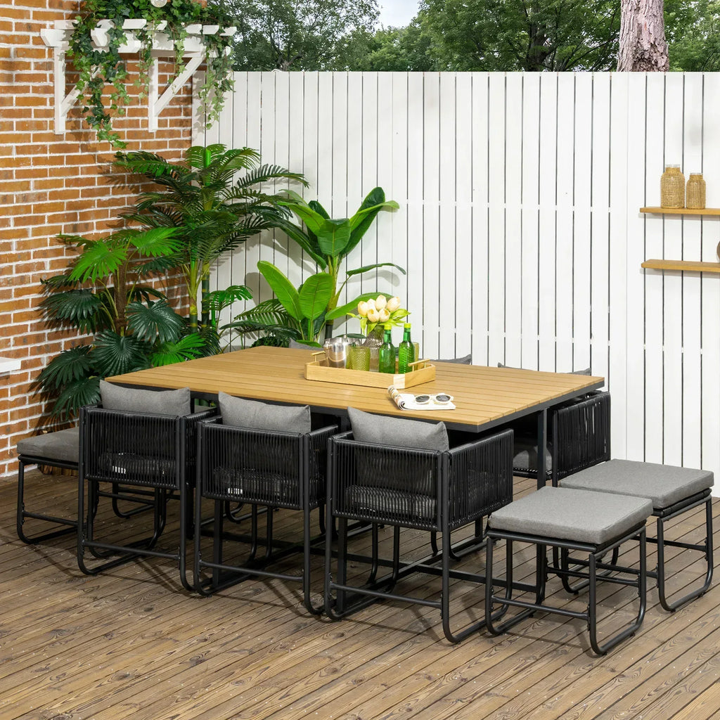 10 Seater Rattan Cube Garden Furniture Set, Rattan Dining Set with Cushions, Outdoor Dining Table and Chairs with 6 Armchairs, 4 Stools, Rectangular Wood Grain Plastic Top Table, Black - Bobobiy