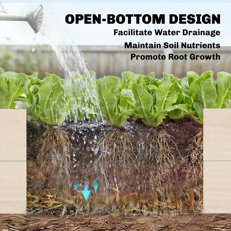 Wooden raised bed with open-bottom design showing soil and root zone
