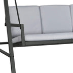 Grey three-seat swing chair close-up of backrest cushions and padded seat