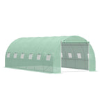 Green walk-in polytunnel greenhouse with roll-up door and mesh window panels